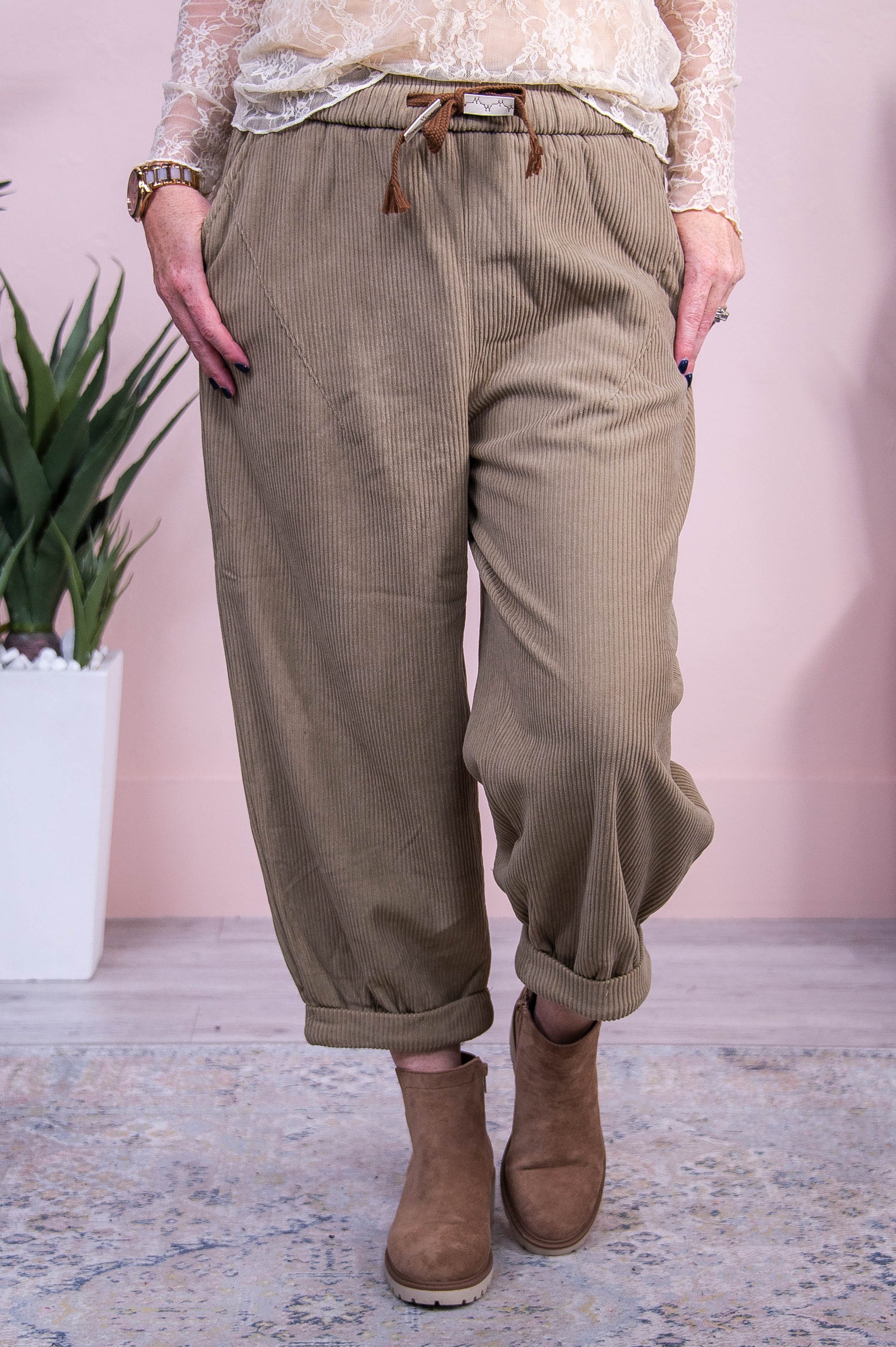 Trailblazing Style Beige Solid Corduroy Pants - PNT1713BG