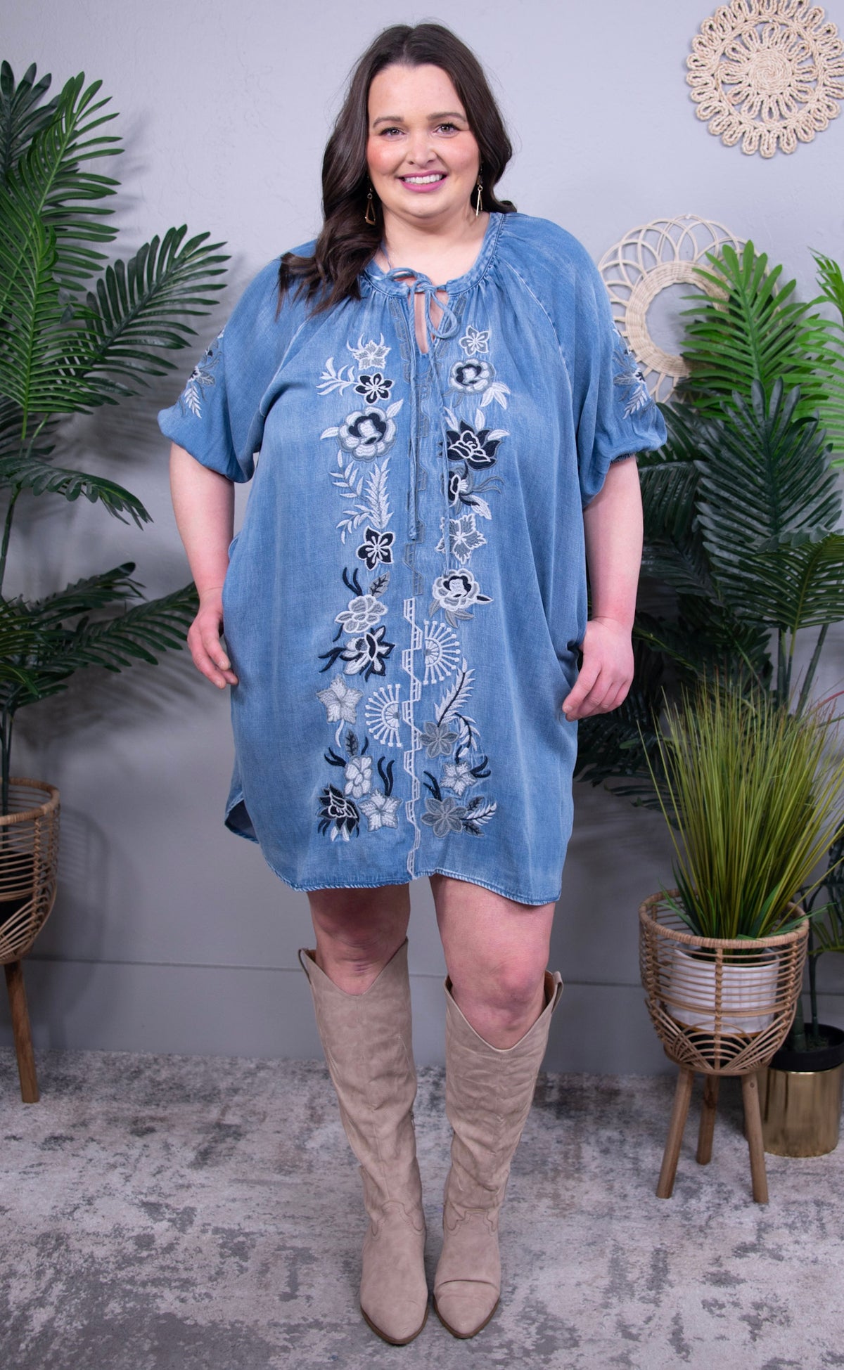 Denim All Day Embroidered Dress ~ D5598DN