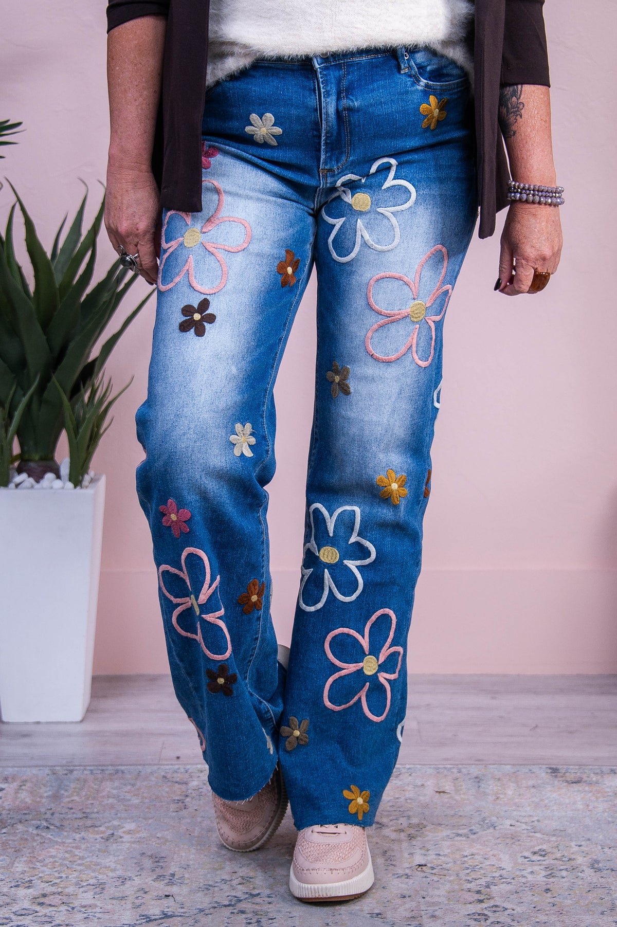 Buy Myself Flowers Denim/Multi Color Floral Embroidered Jeans - K1223DN