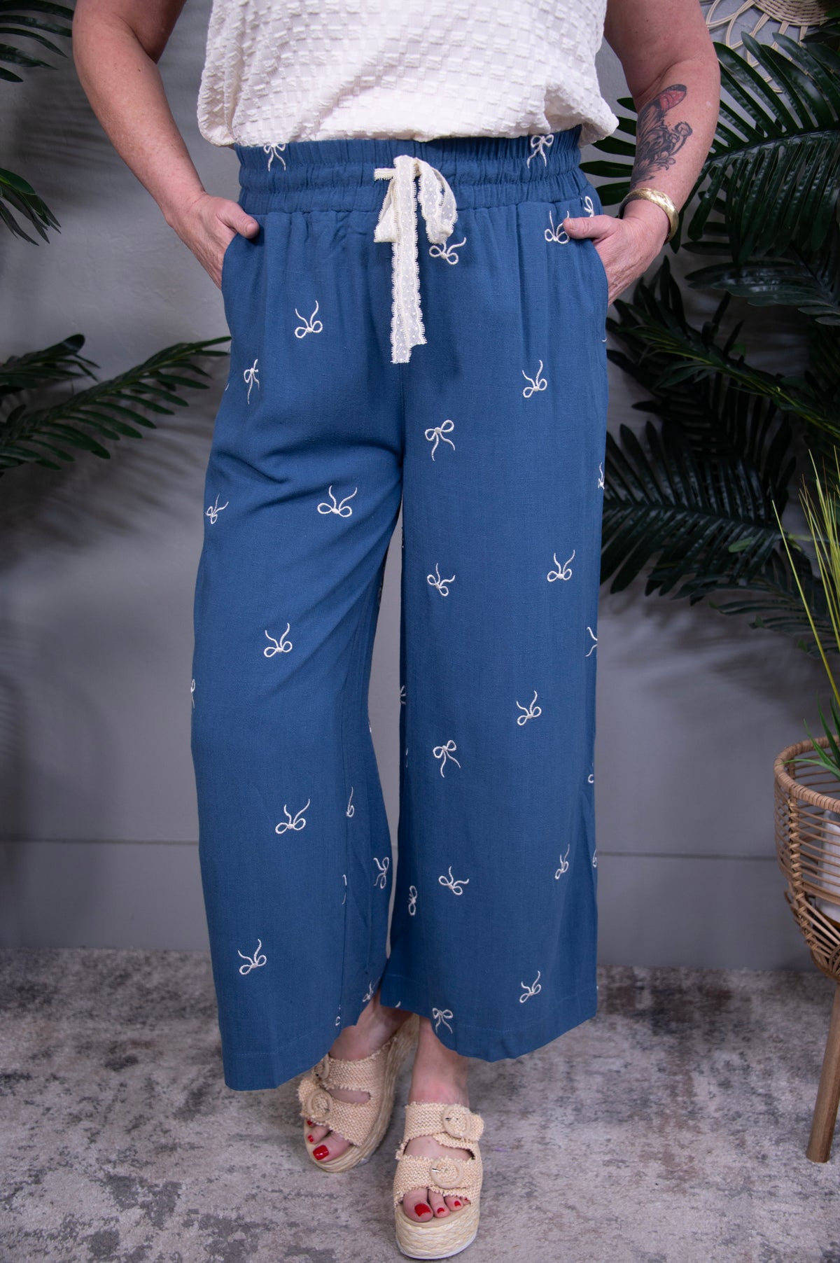 Bow Of Charm Dusty Blue Lace Drawstring Embroidered Wide Leg Pants