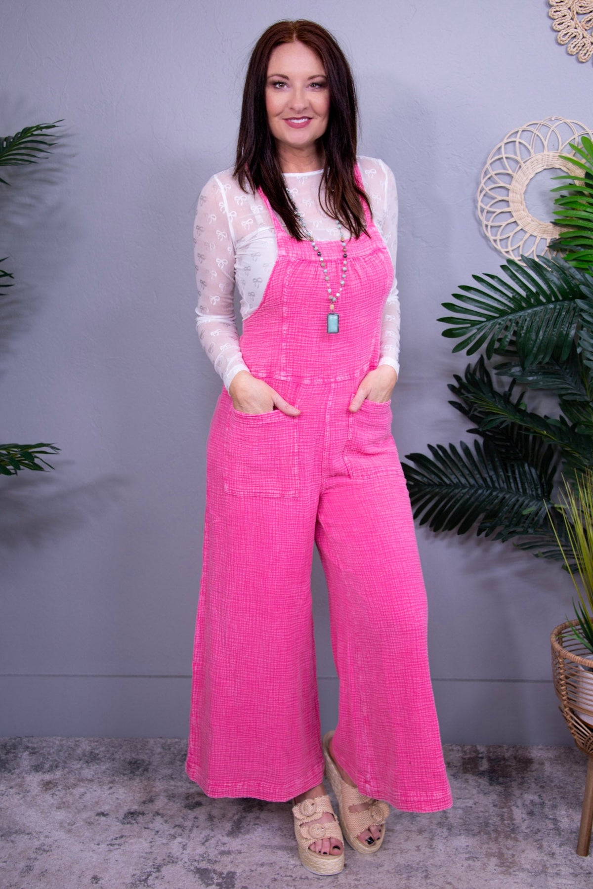 Overall Vibes Barbie Pink Textured Wide Leg Overalls