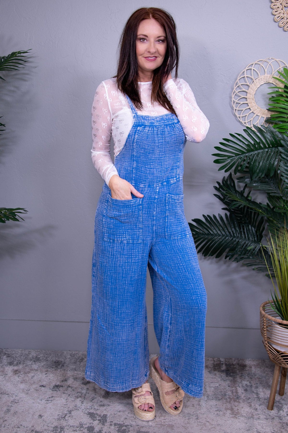 Overall Vibes Blue Textured Wide Leg Overalls