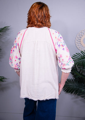 Chic It Up Linen Embroidery Sleeve Top