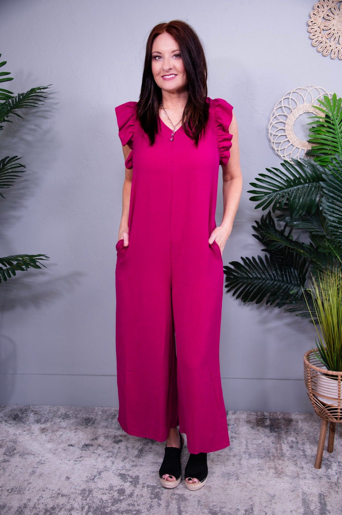 Classy Moves Deep Rose V-Neck Ruffled Cap Sleeve Wide Leg Jumpsuit