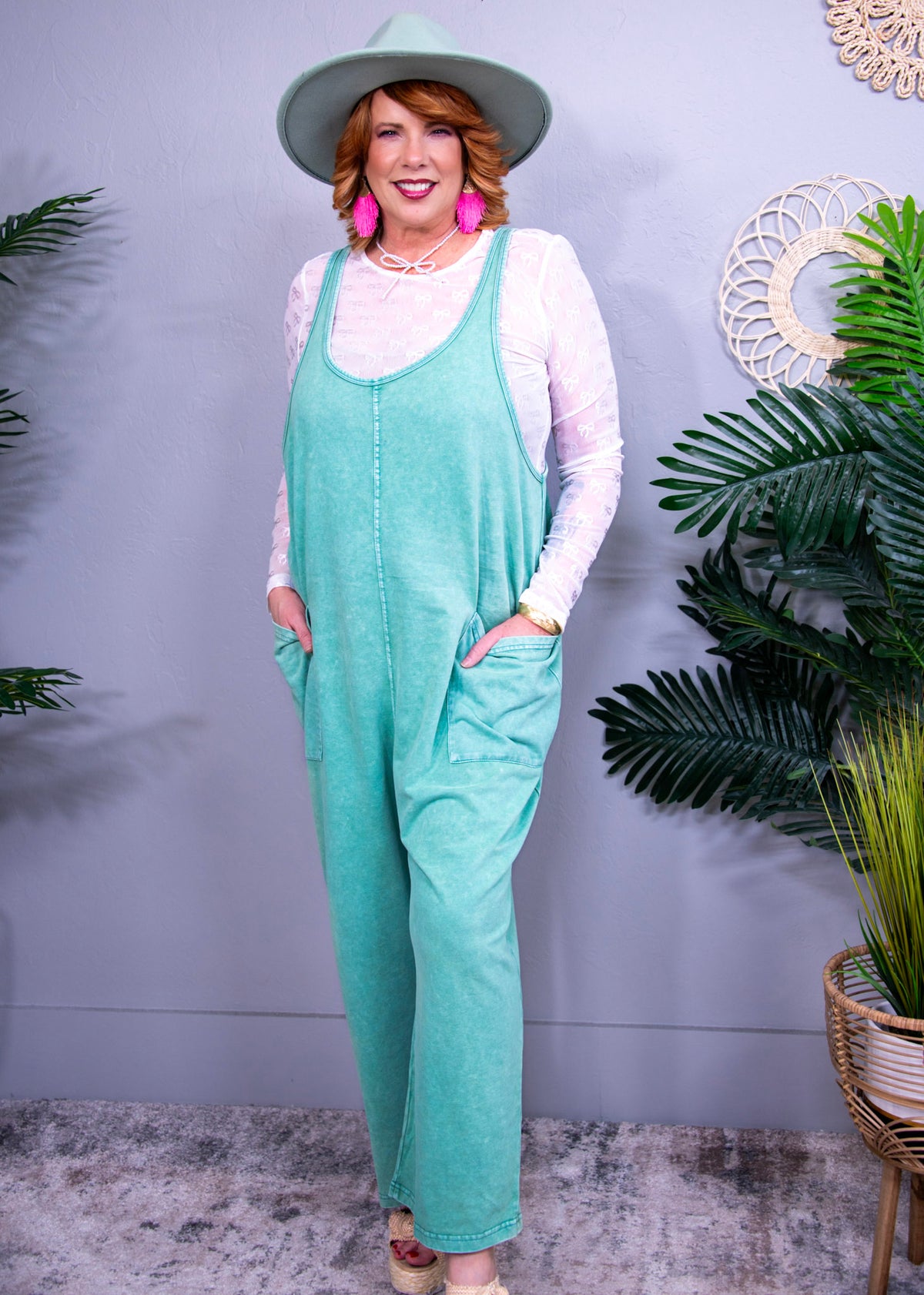 Chill In Comfy Seagreen Wide Leg Overalls