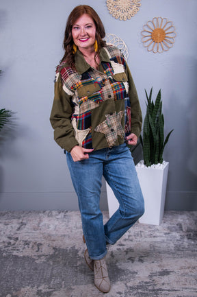 Making Headlines Olive/Multi Color Star/Plaid Patchwork Jacket - O5562OL