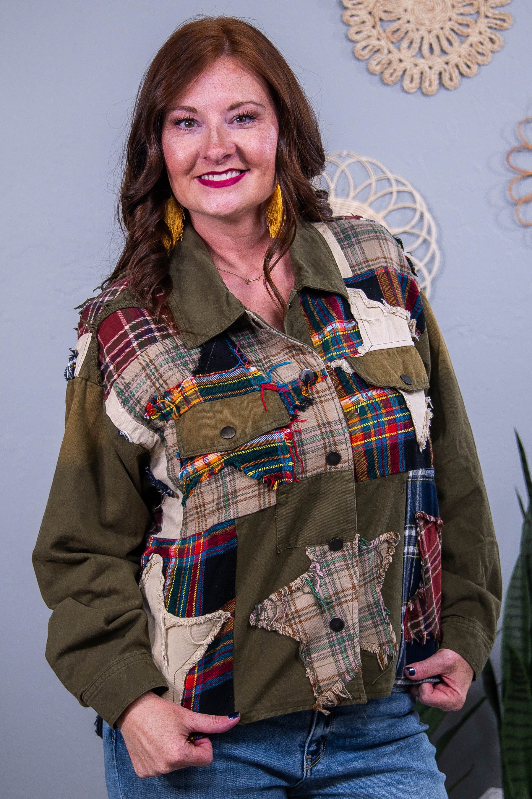 Making Headlines Olive/Multi Color Star/Plaid Patchwork Jacket - O5562OL