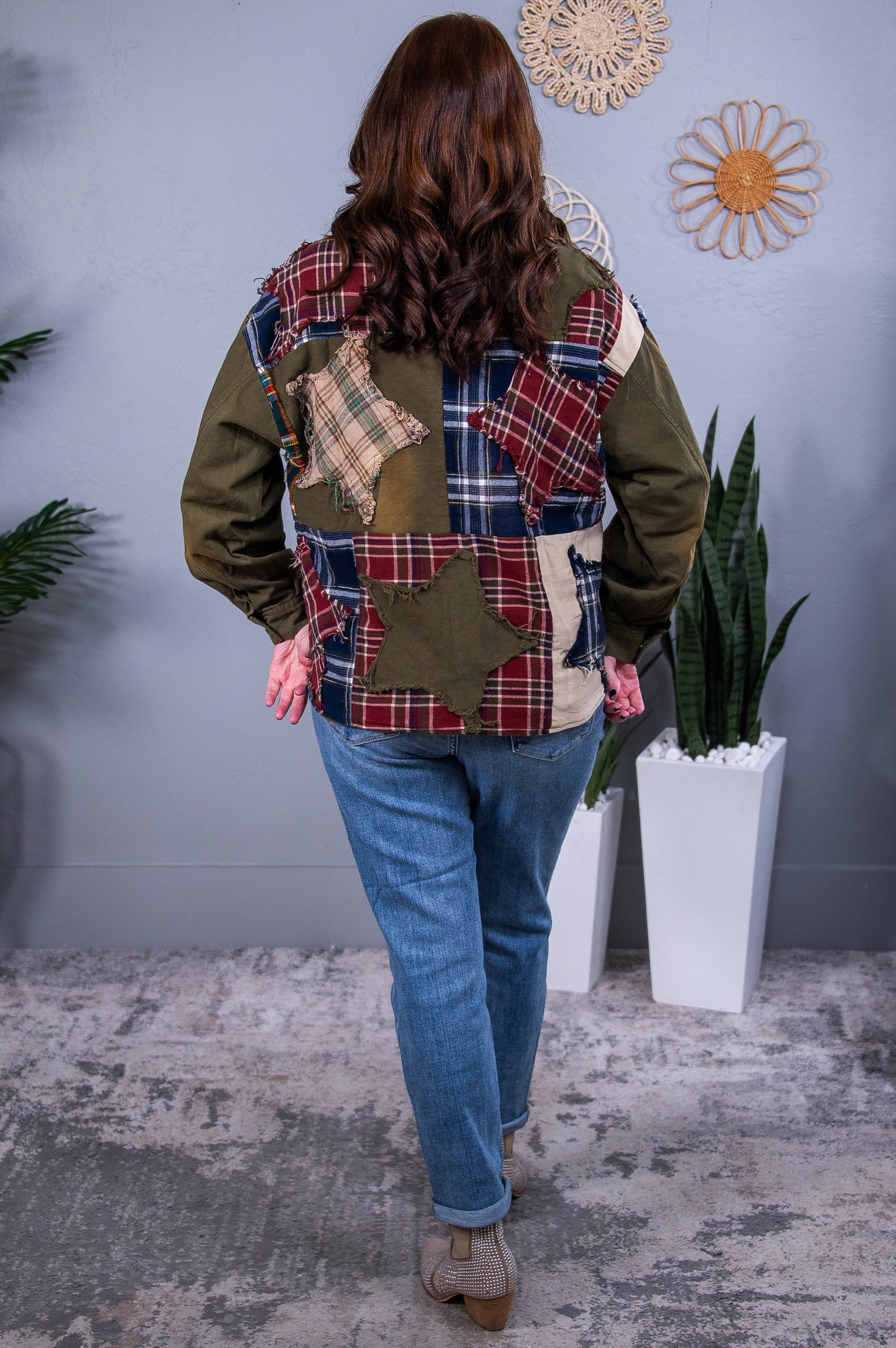 Making Headlines Olive/Multi Color Star/Plaid Patchwork Jacket - O5562OL