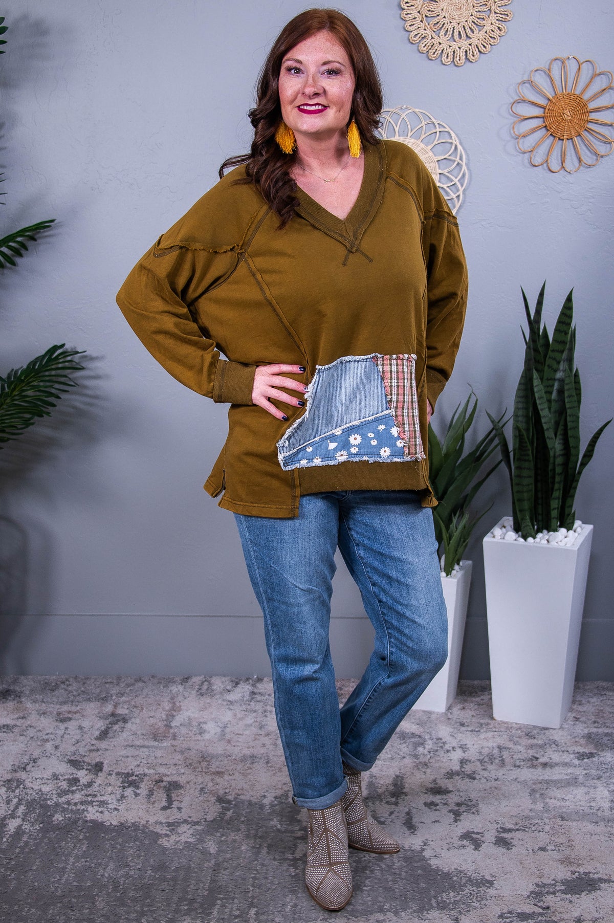 Bet You Won't Olive/Multi Color Patchwork Top - T10410OL