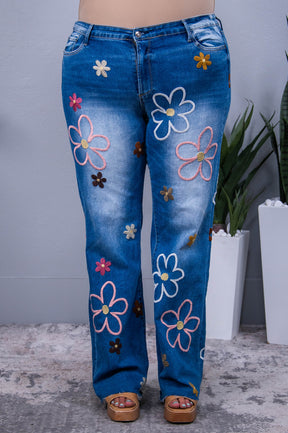 Buy Myself Flowers Denim/Multi Color Floral Embroidered Jeans - K1223DN