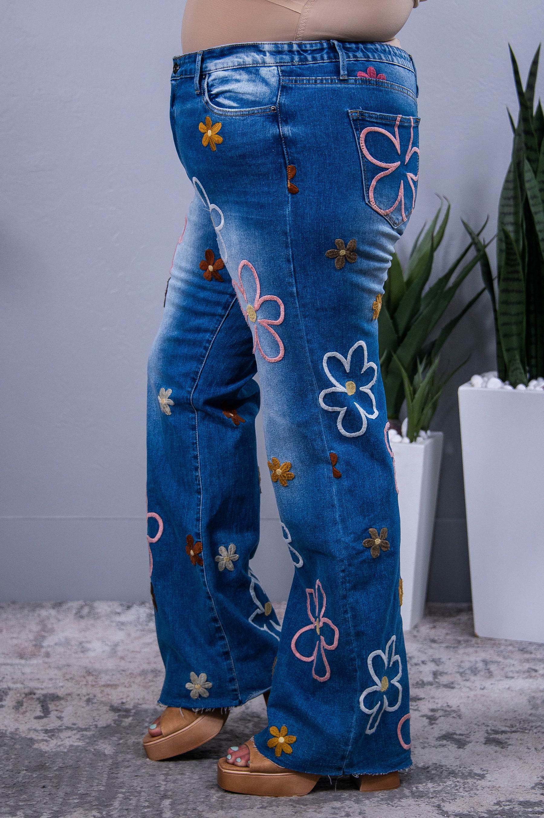 Buy Myself Flowers Denim/Multi Color Floral Embroidered Jeans - K1223DN