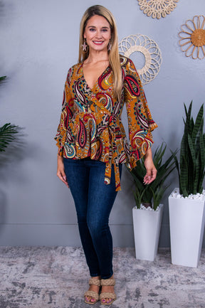 Crisp Leaves Mustard/Multi Color Floral Paisley Top - T10417MU