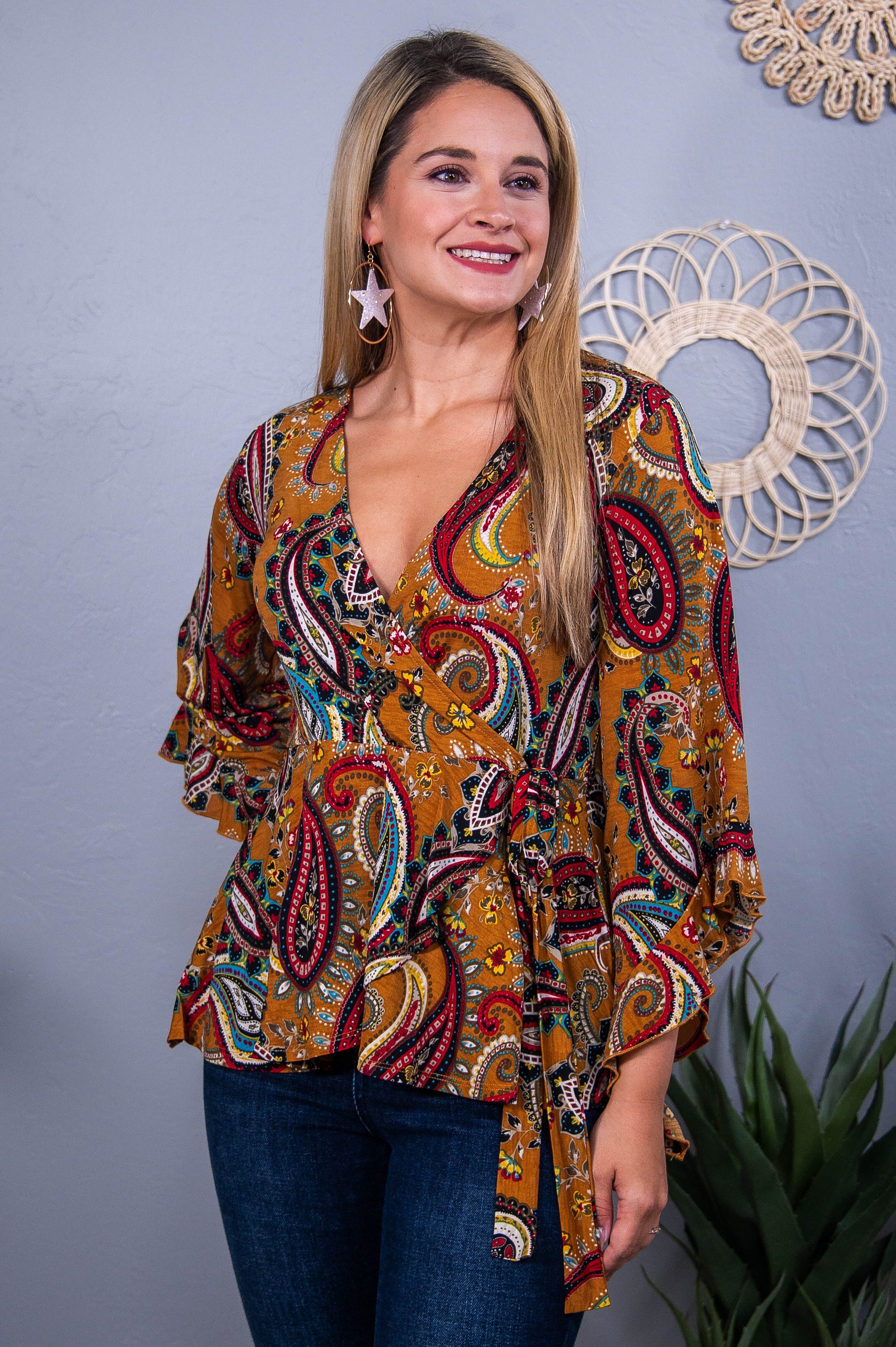 Crisp Leaves Mustard/Multi Color Floral Paisley Top - T10417MU