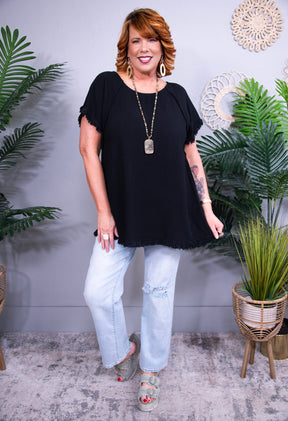 Basics On Point Black Linen Ruffle Fringe Edge Top