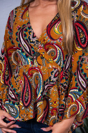 Crisp Leaves Mustard/Multi Color Floral Paisley Top - T10417MU