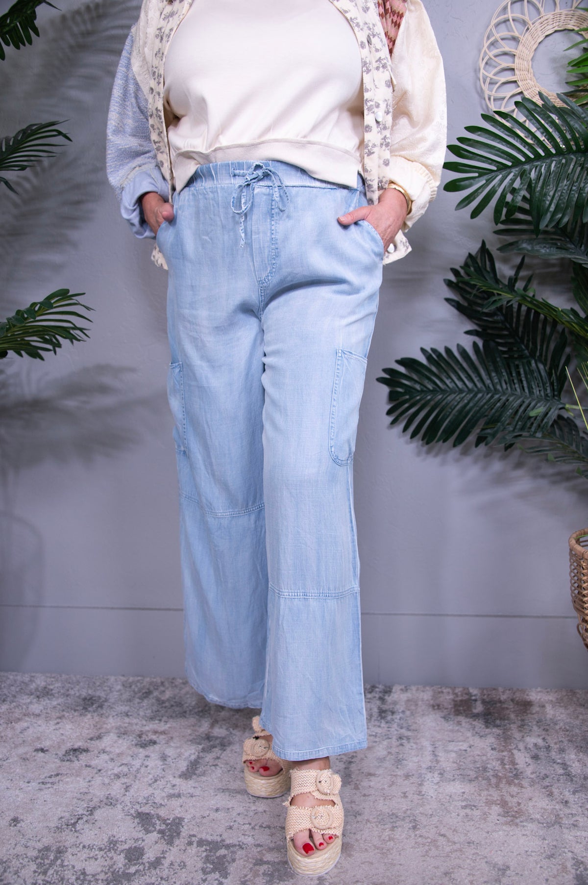 Crave The Comfort Washed Light Elastic Waist Cargo Wide Leg Pants