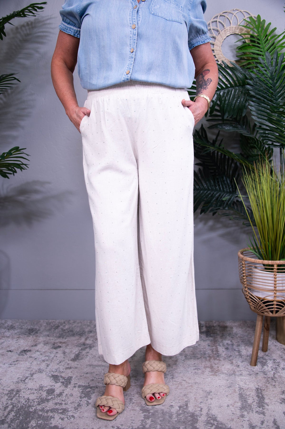 Style That Slays Oatmeal High Waisted Embellished Linen Pant