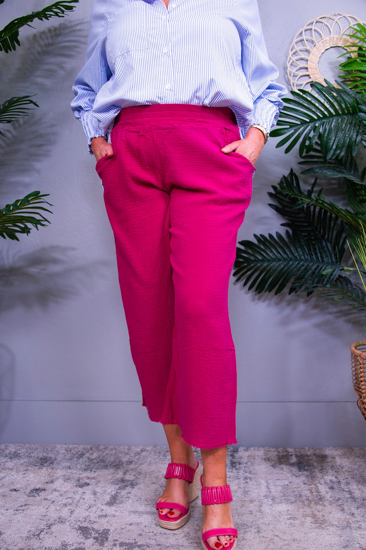 Elevate The Basic Deep Rose Raw Hem Elastic Waist Wide Leg Pant