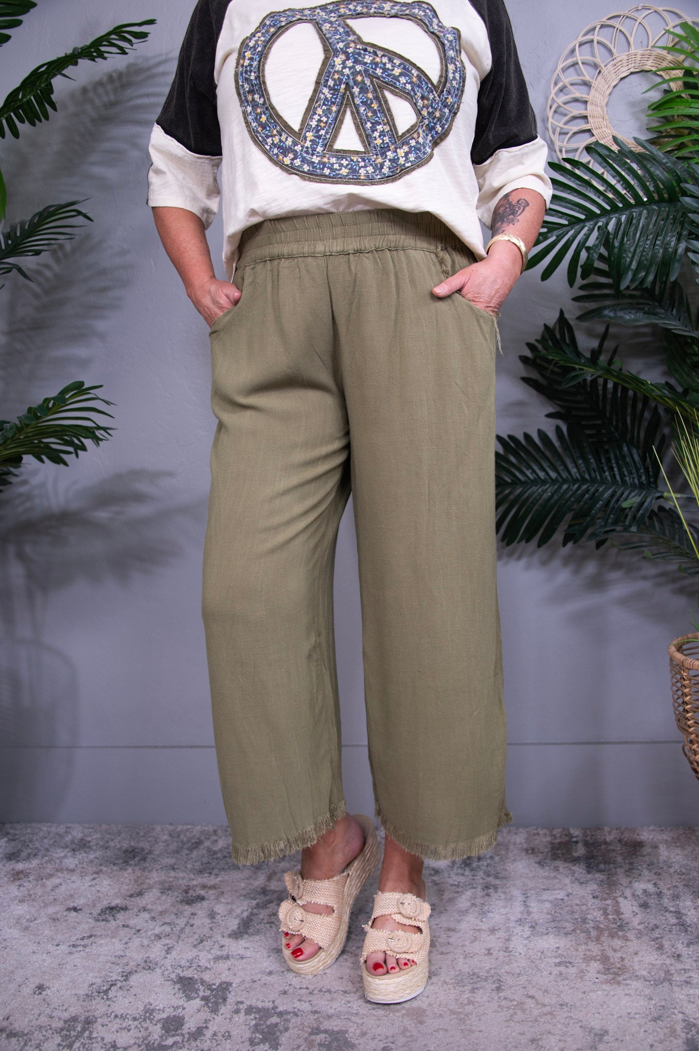 Basics On Point Yellow Green Linen Wide Leg Pant