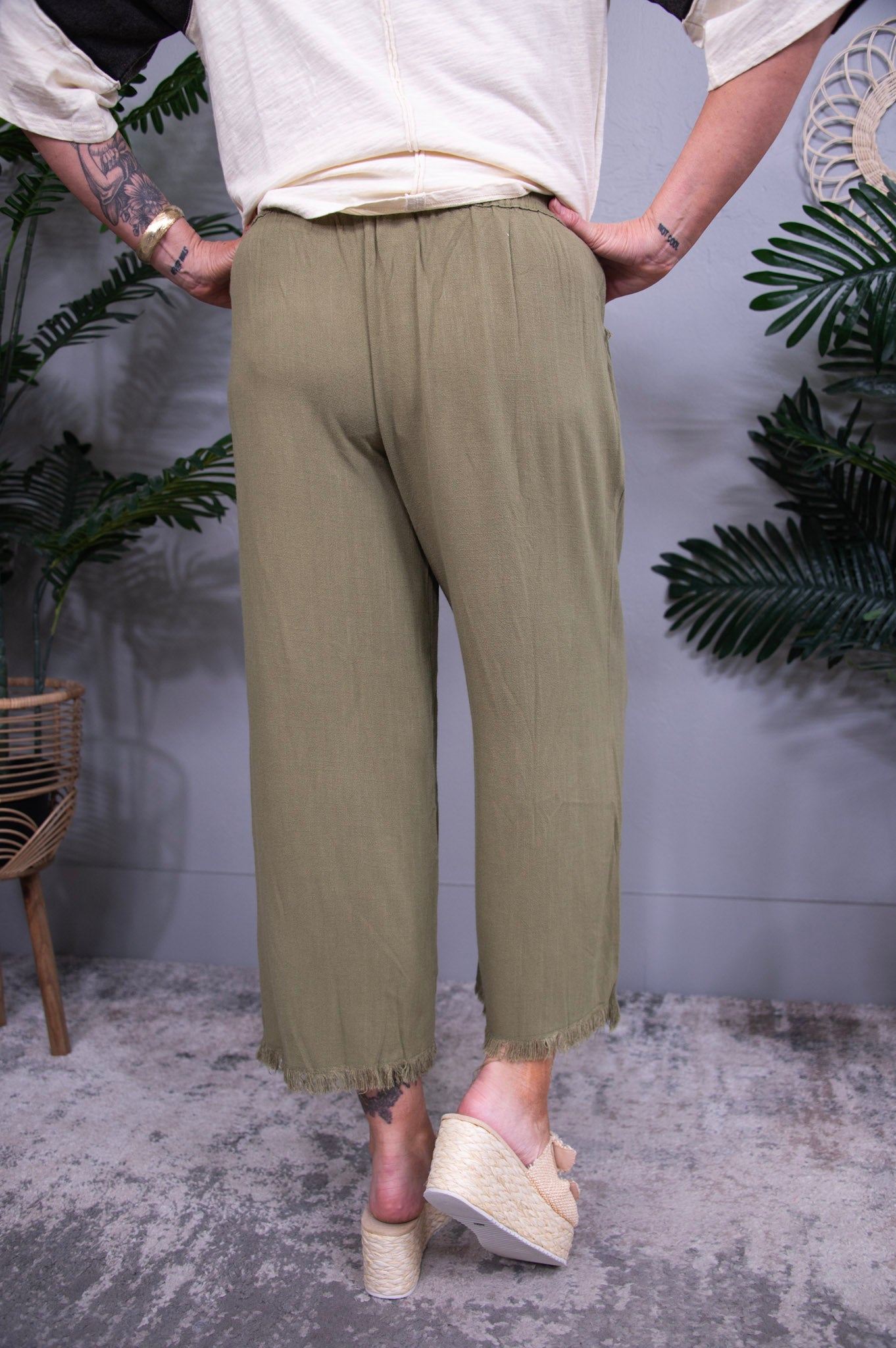 Basics On Point Yellow Green Linen Wide Leg Pant