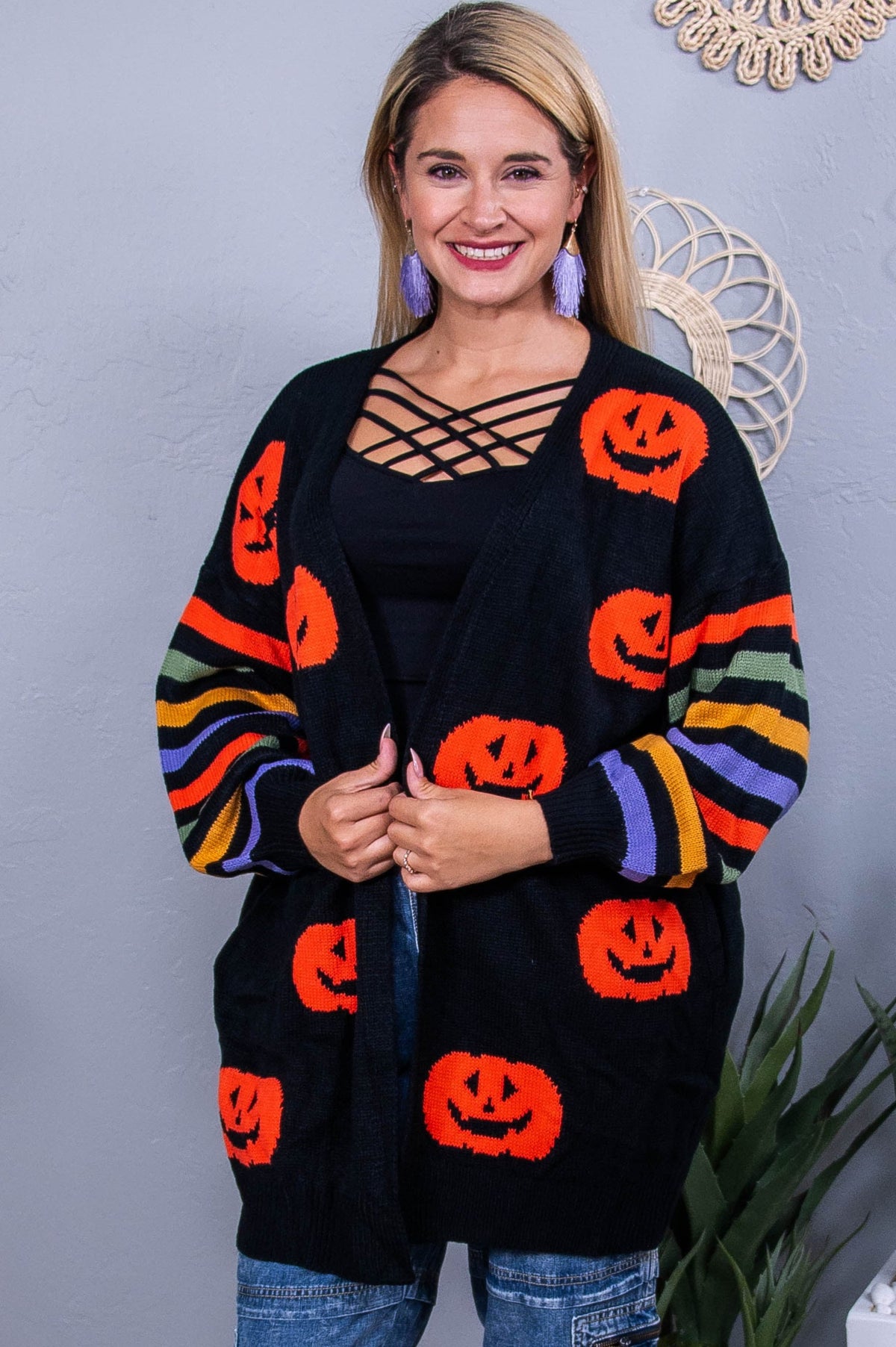 Scary Night Black/Multi Color Striped/Pumpkin Knitted CArdigan - O5564BK