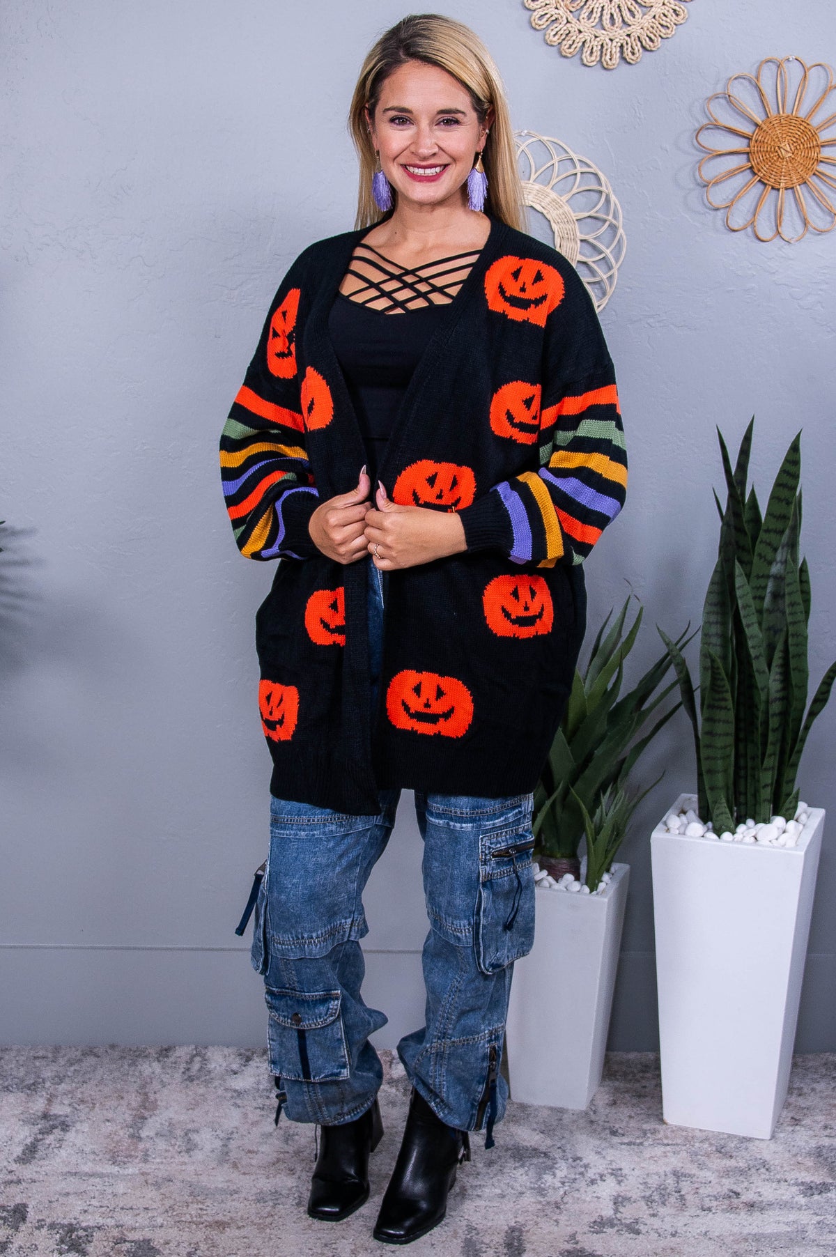 Scary Night Black/Multi Color Striped/Pumpkin Knitted CArdigan - O5564BK