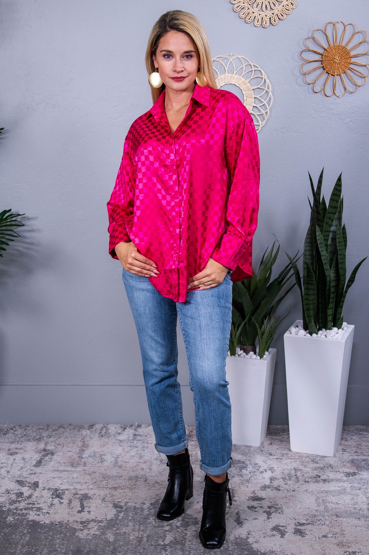 Channeling Chic Vibes Hot Pink Checkered Top - T8815HPK