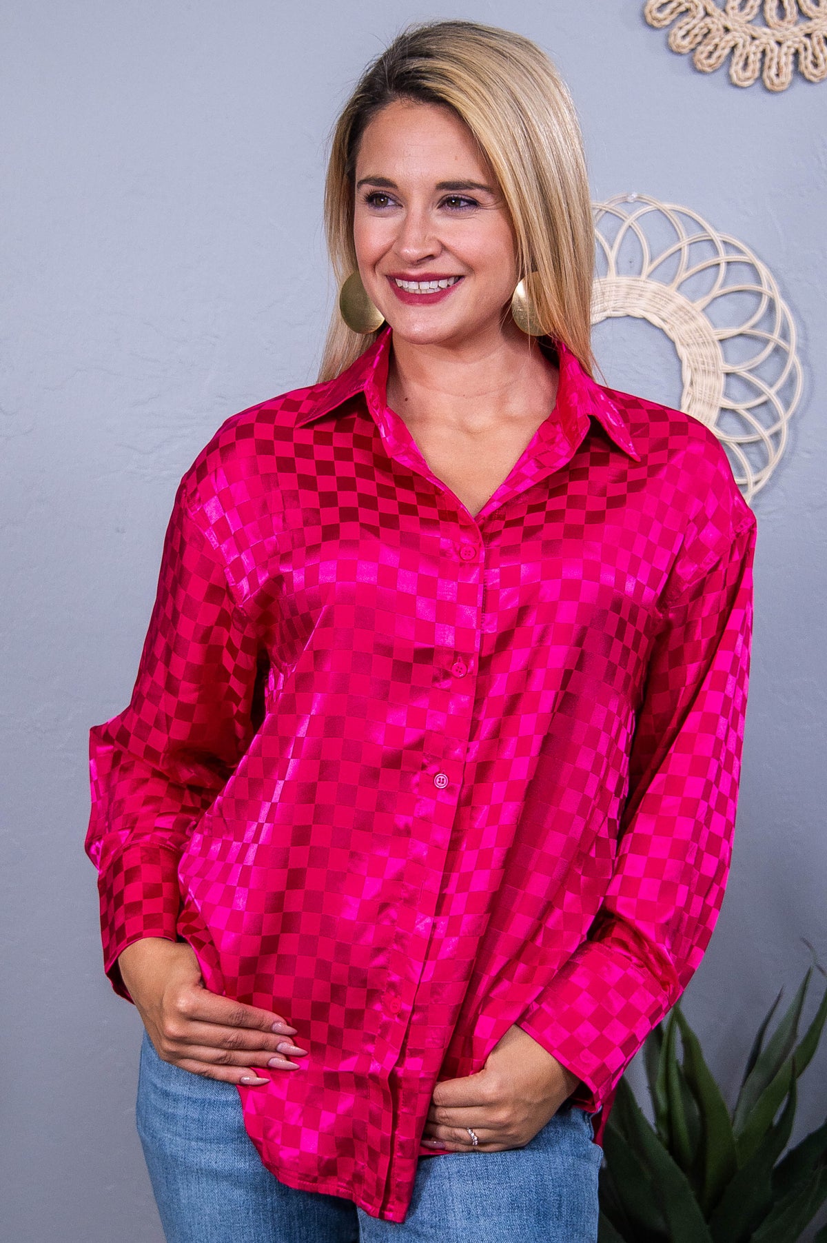 Channeling Chic Vibes Hot Pink Checkered Top - T8815HPK