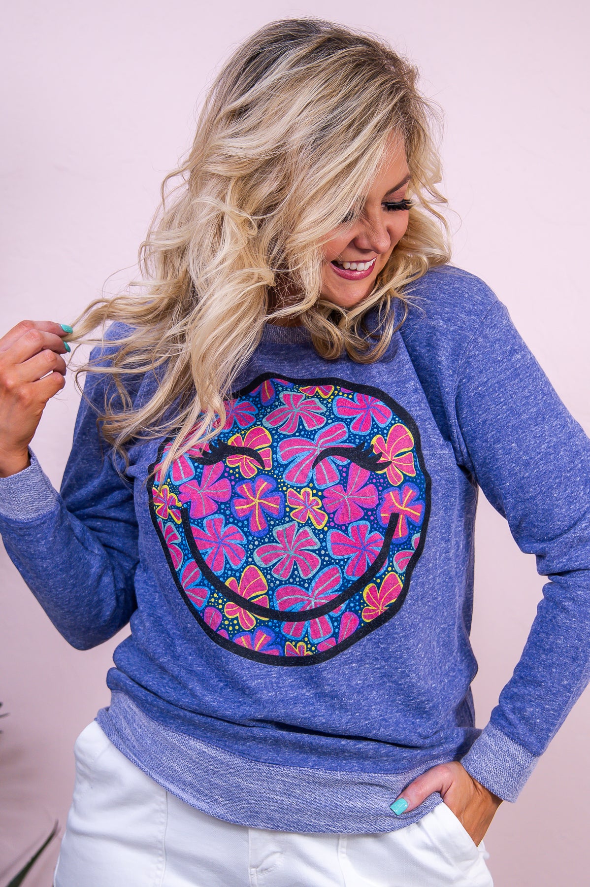 Happy Looks Good on You Purple Melange Neon Smiley Graphic Sweatshirt - A3343PM