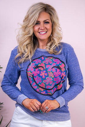 Happy Looks Good on You Purple Melange Neon Smiley Graphic Sweatshirt - A3343PM