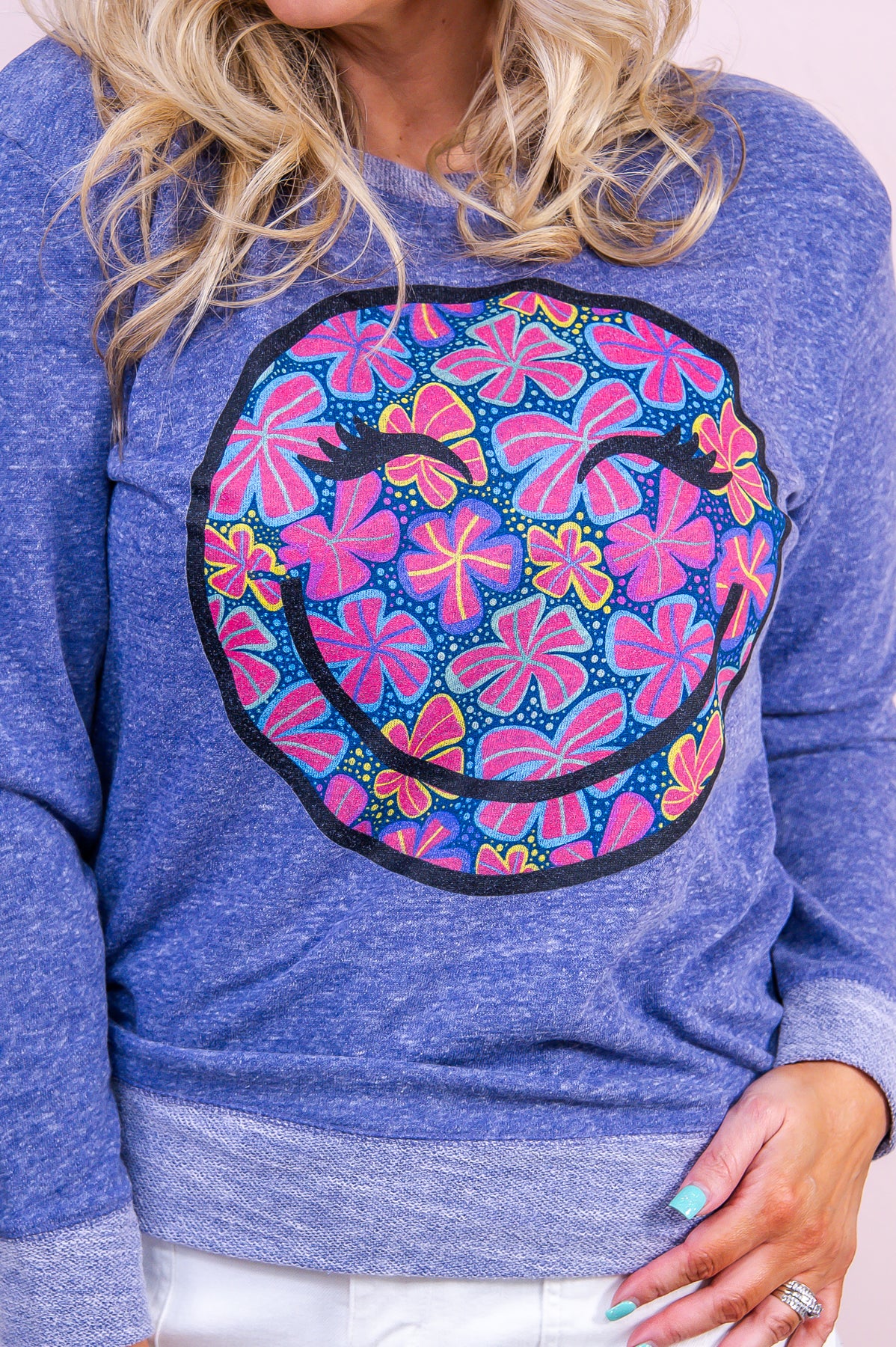 Happy Looks Good on You Purple Melange Neon Smiley Graphic Sweatshirt - A3343PM