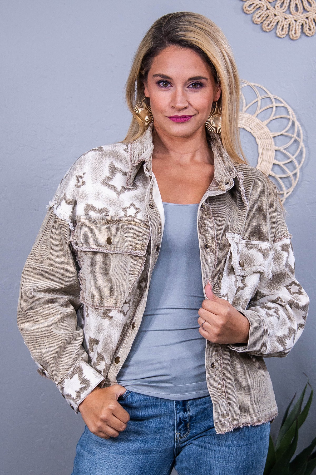 Always Fashionably Late Ivory/Light Brown Star Printed Frayed Jacket - O5565IV