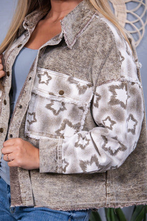 Always Fashionably Late Ivory/Light Brown Star Printed Frayed Jacket - O5565IV