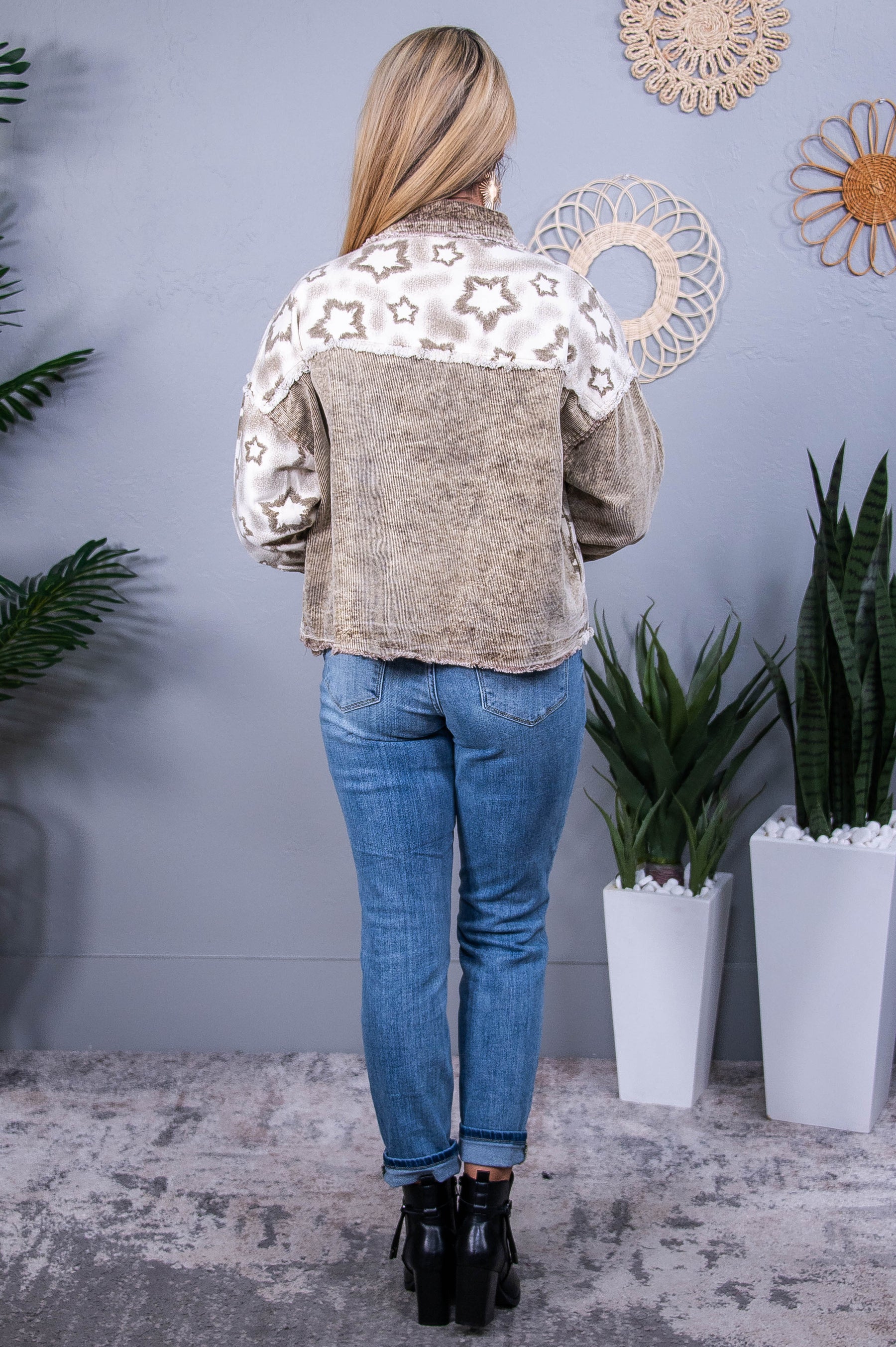 Always Fashionably Late Ivory/Light Brown Star Printed Frayed Jacket - O5565IV