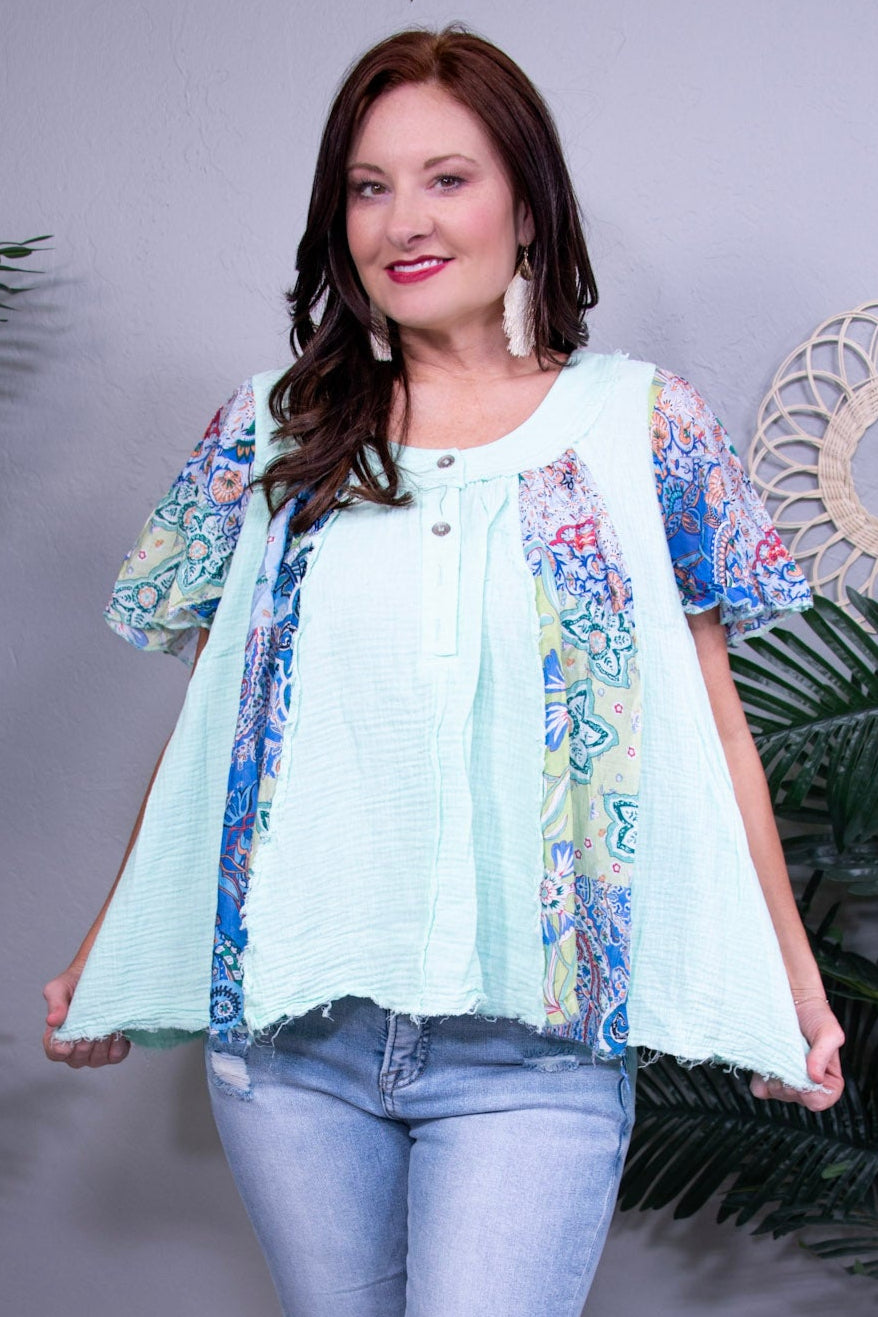 All The Pretty Girls Mint Printed Frayed Hem Top