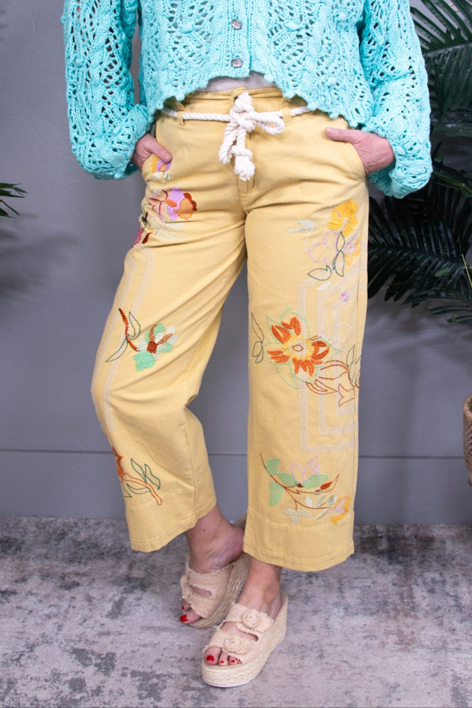 Picking Wildflowers Mustard Embroidered Pants - PNT1777MS