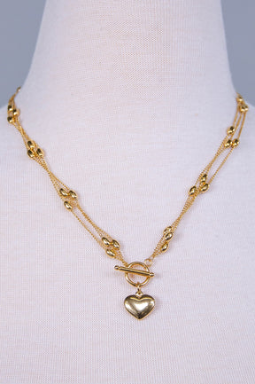 Gold Layered Chain Link Beaded Heart Charm Necklace - NEK4365GD