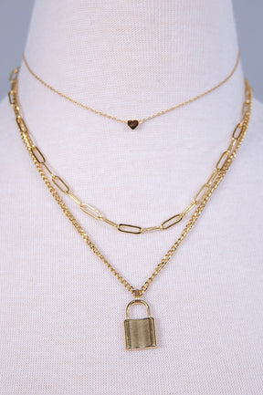 Gold Layered Heart/Lock Charm Chain Link Necklace - NEK4363GD