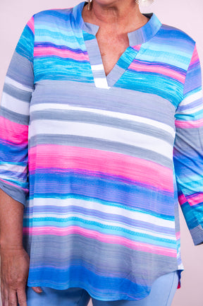 It's A Necessity Blue/Multi Color Striped Top - T9608BL