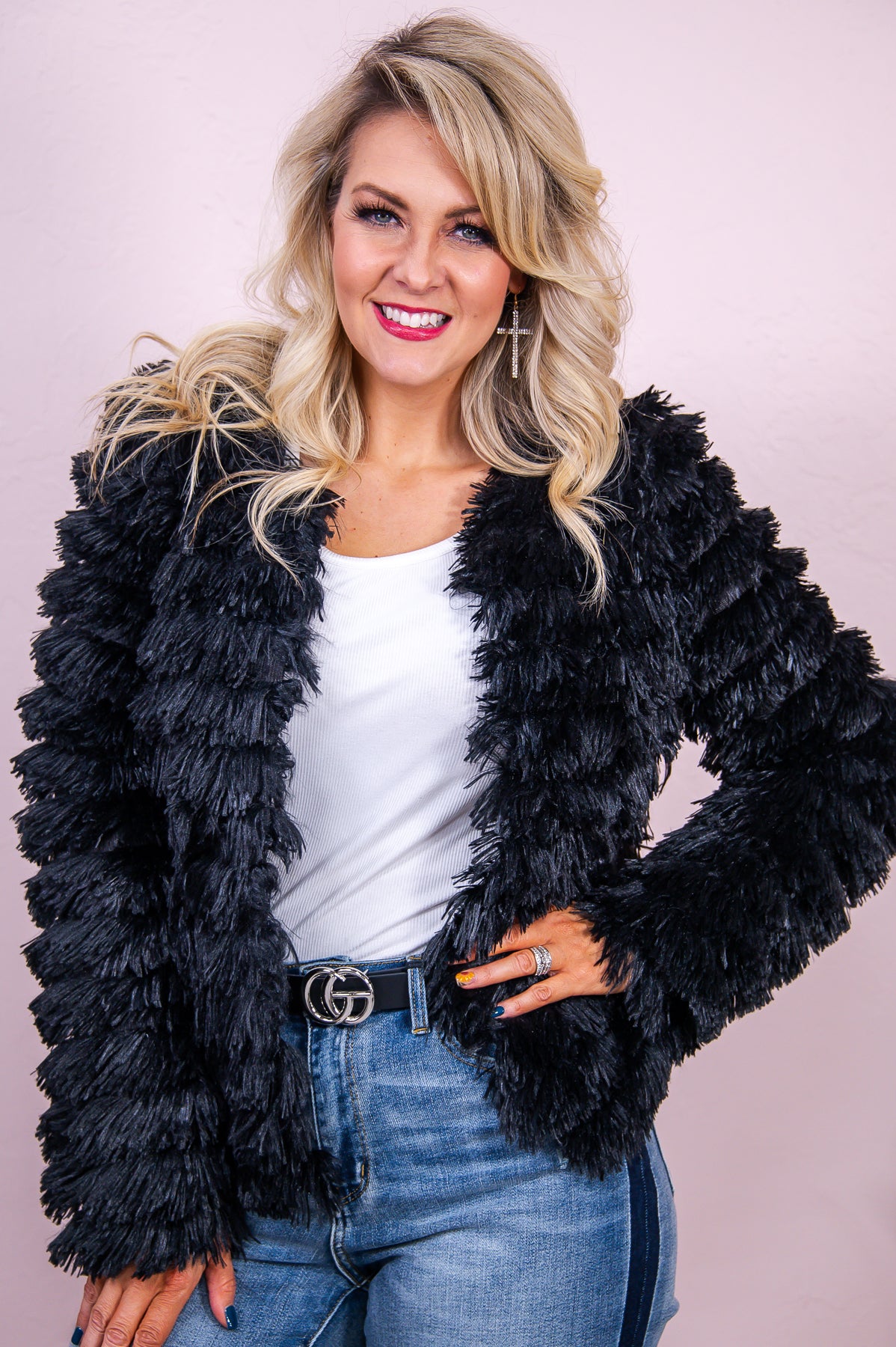 Feel The Chill Black Solid Faux Fur Jacket - O5036BK
