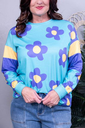 Make It Colorful Sky Blue Floral Color Block Top