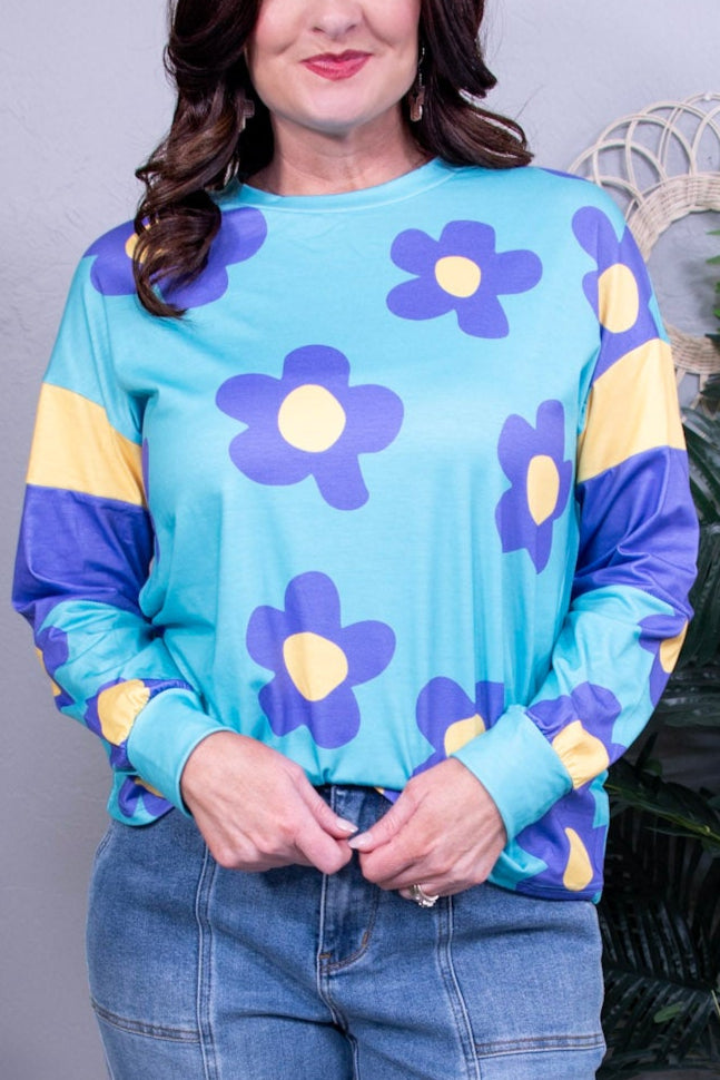 Make It Colorful Sky Blue Floral Color Block Top