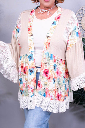 Vibe And Thrive Tan Floral Crochet Cardigan