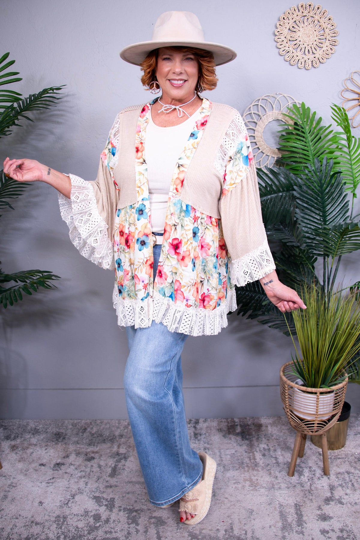 Vibe And Thrive Tan Floral Crochet Cardigan