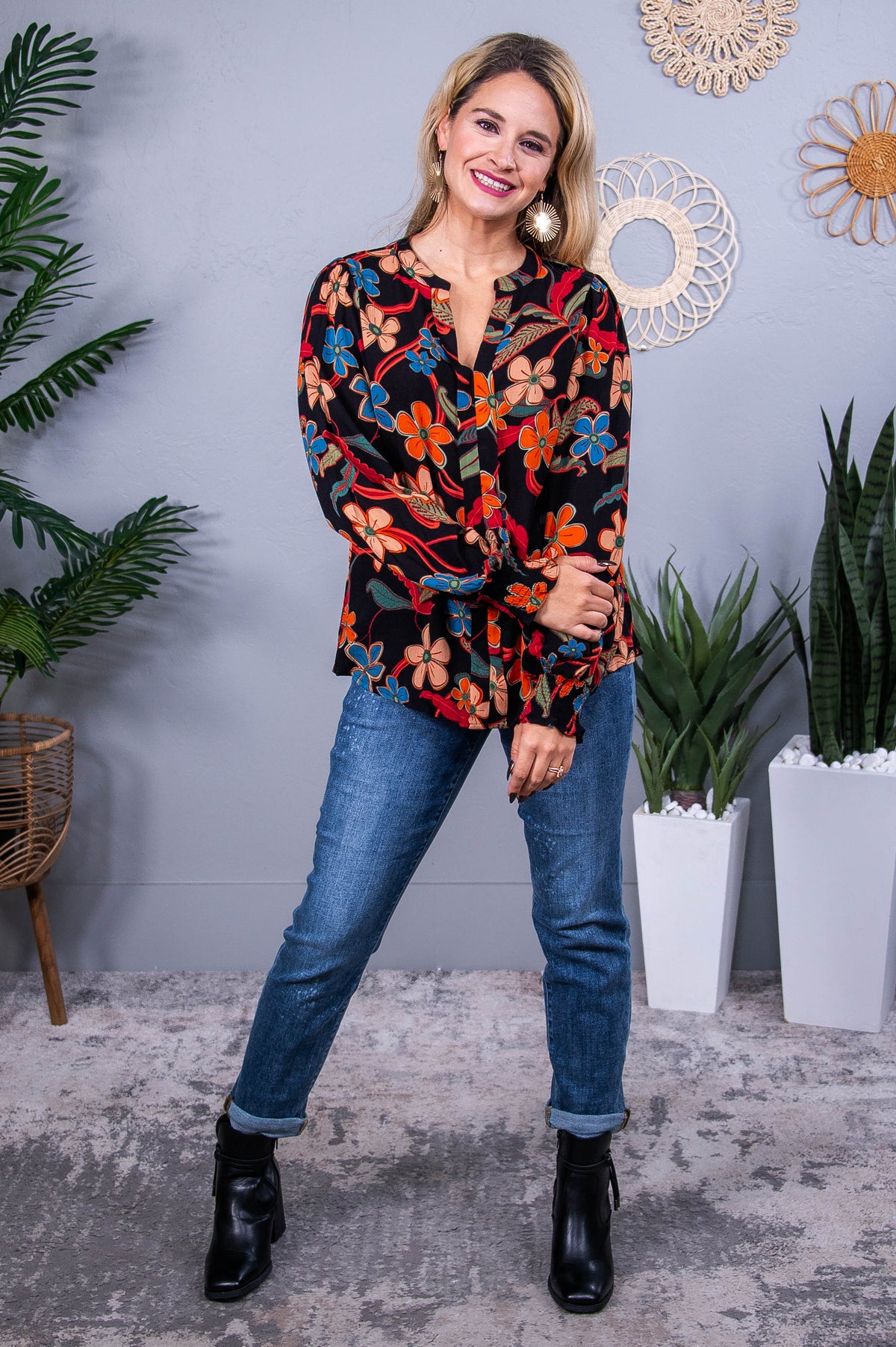 Style Statement Black/Multi Color Floral Top - T10448BK