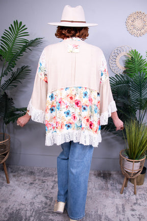 Vibe And Thrive Tan Floral Crochet Cardigan