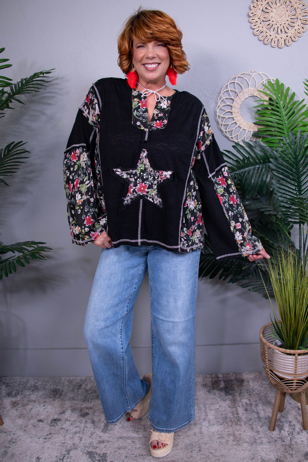 Chase The Star Black Floral Star Patch Top