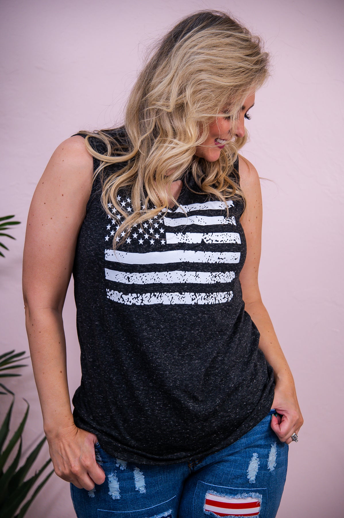 Give Me Liberty Heather Black/White Distressed American Flag Top - T9634HBK