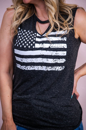 Give Me Liberty Heather Black/White Distressed American Flag Top - T9634HBK