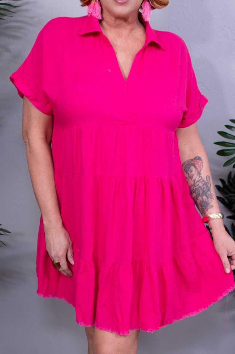 Own Your Fashion Hot Pink Raw Hem Tiered Dress